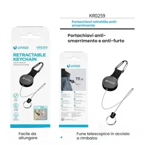 Portachiavi Estensibile con Gancio in Acciaio e Cordino Elastico Resistente